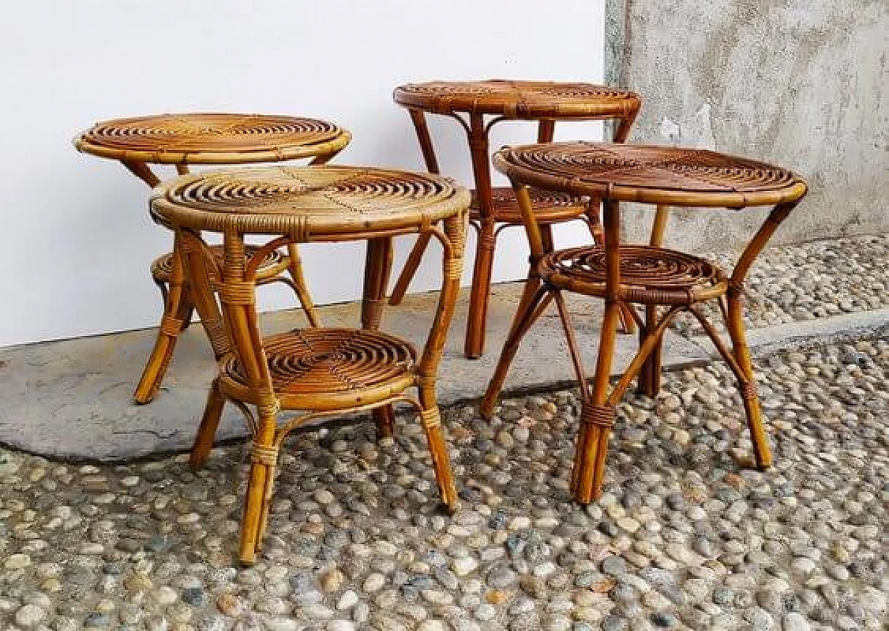 4 Round wicker side tables, 1950s 2