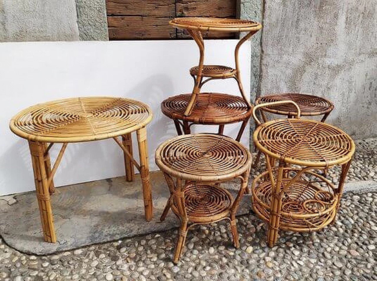 6 Round wicker side tables, 1950s 1