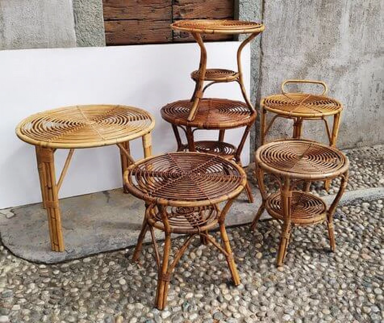 6 Round wicker side tables, 1950s 2