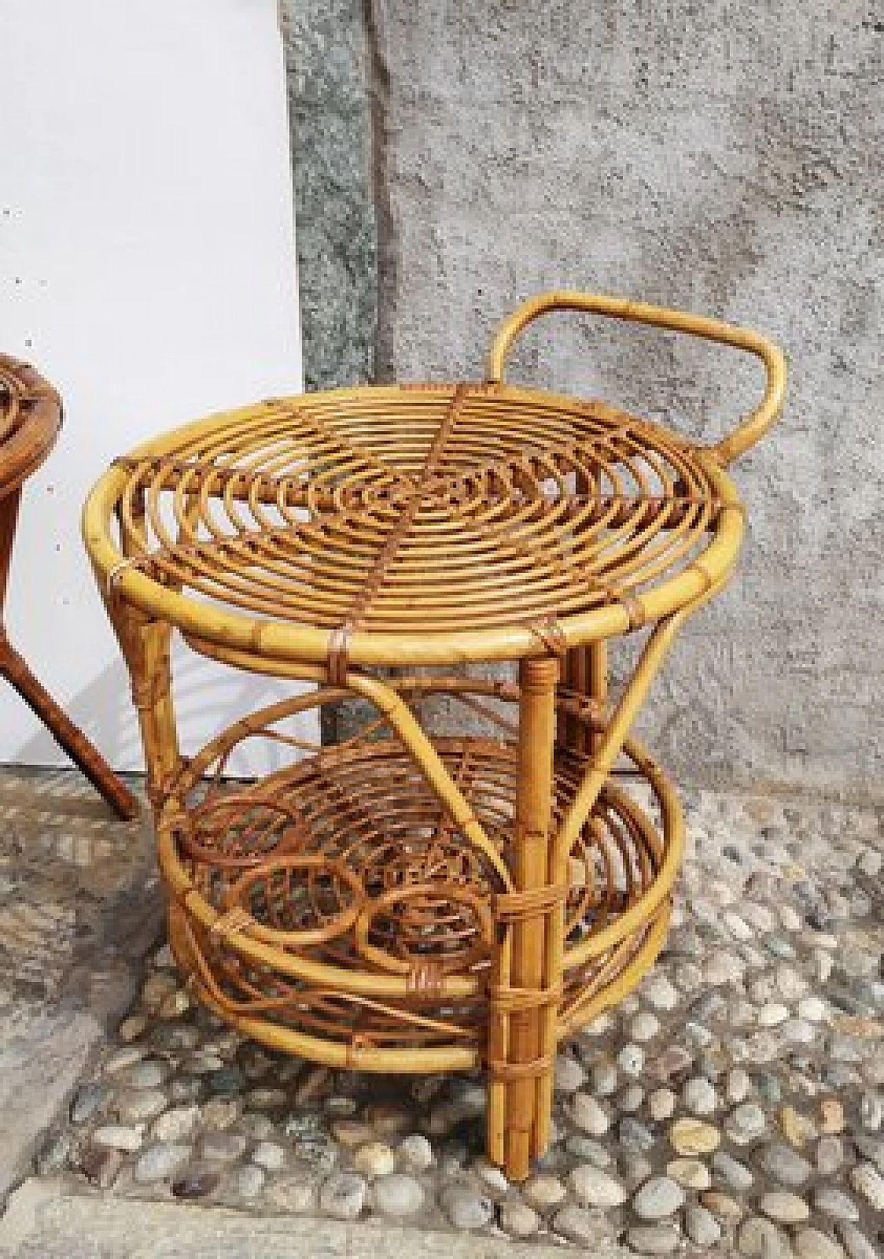 6 Round wicker side tables, 1950s 3