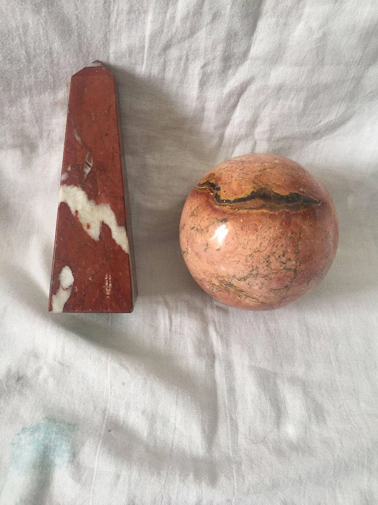 Pair of marble objects in the shape of a sphere and obelisk, 1940s 5