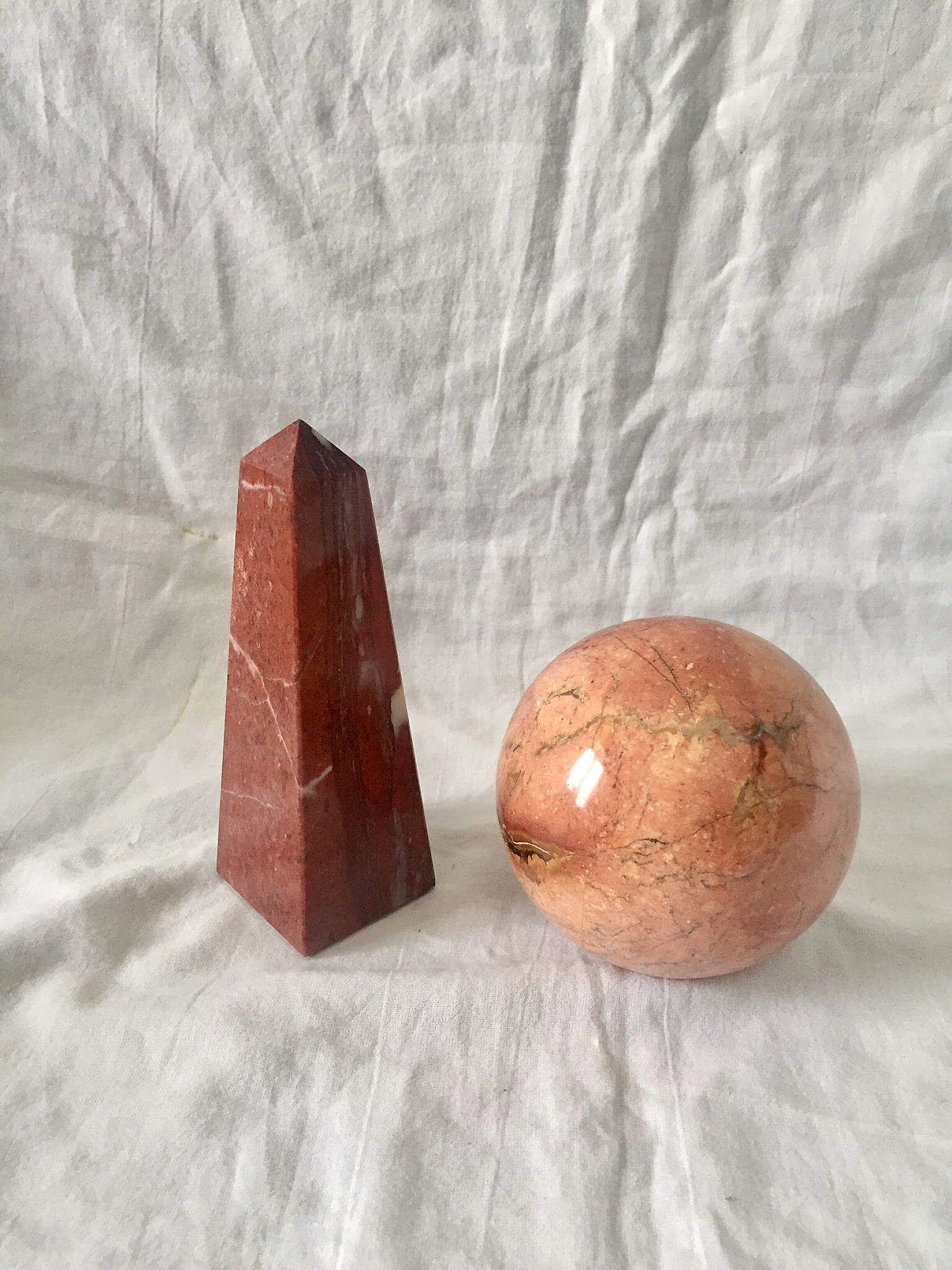 Pair of marble objects in the shape of a sphere and obelisk, 1940s 6