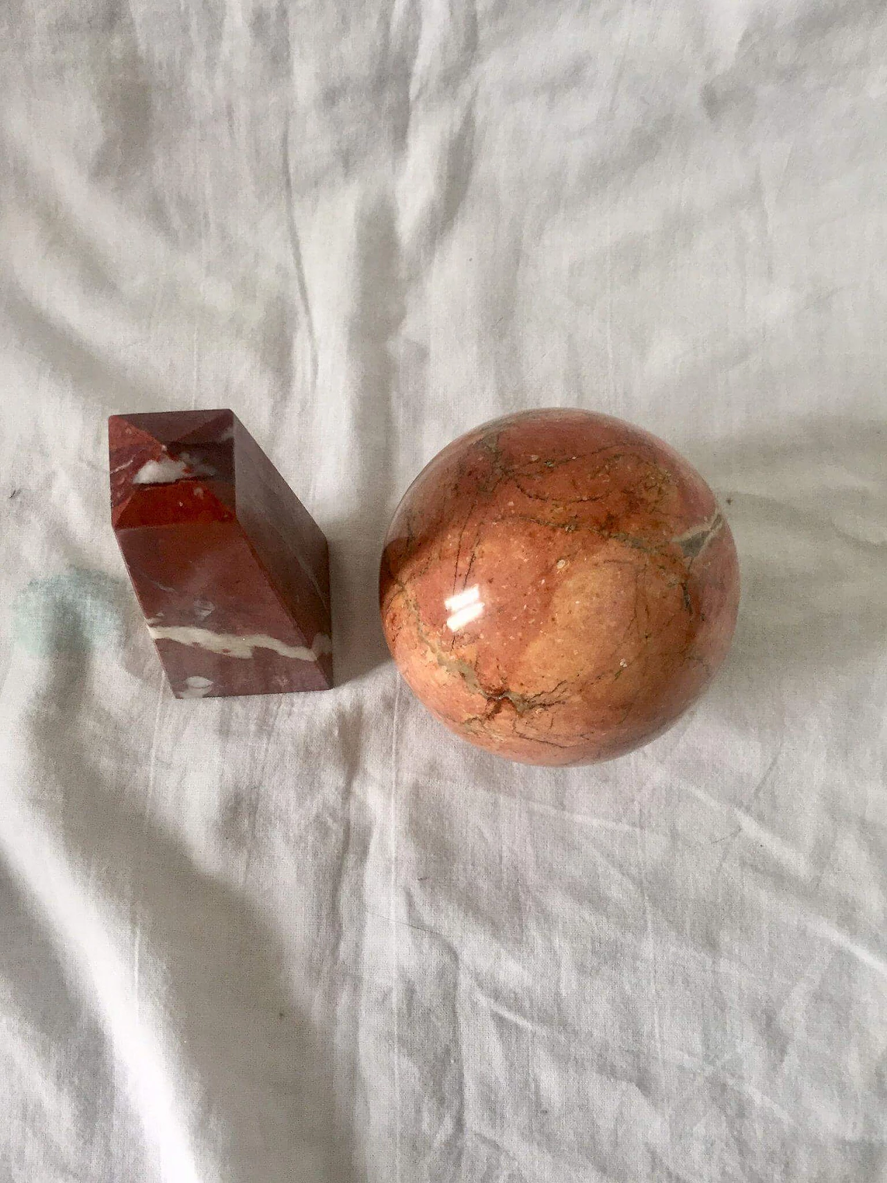 Pair of marble objects in the shape of a sphere and obelisk, 1940s 7