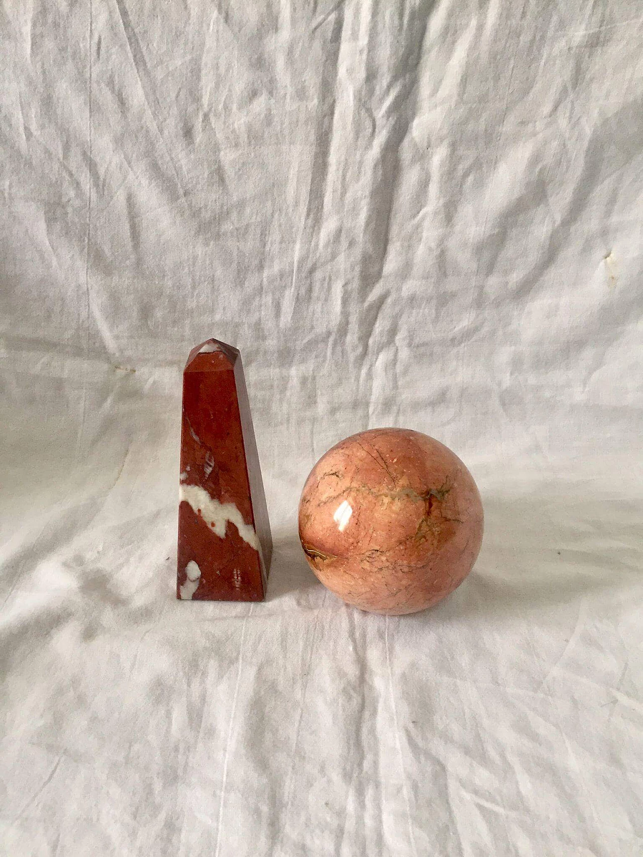 Pair of marble objects in the shape of a sphere and obelisk, 1940s 8