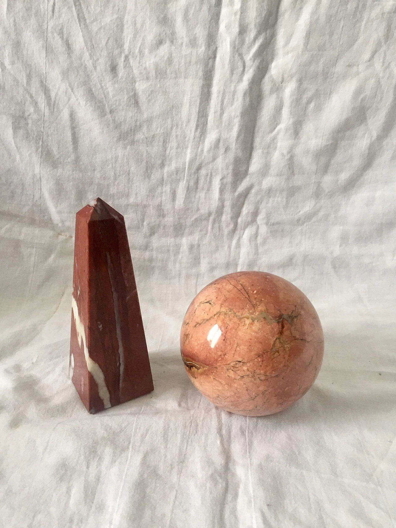 Pair of marble objects in the shape of a sphere and obelisk, 1940s 9