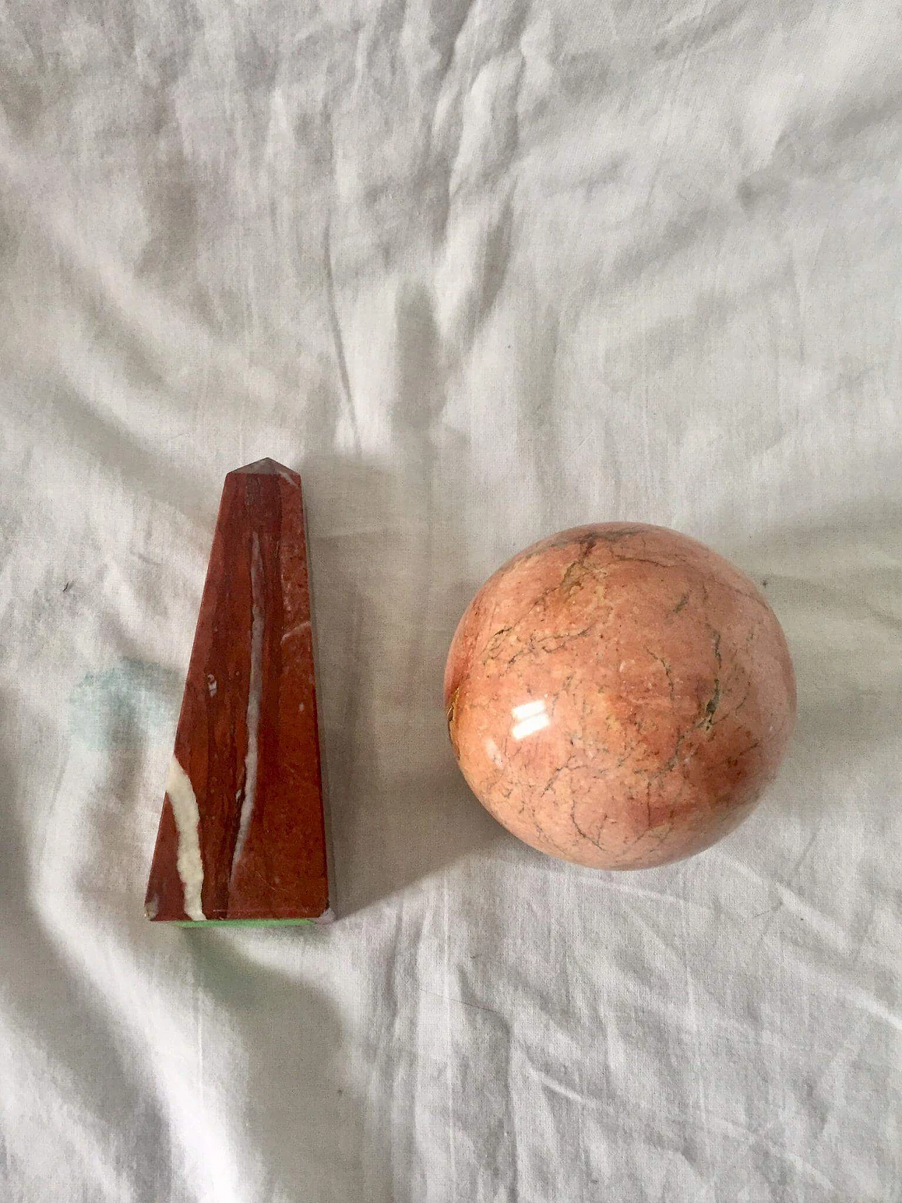 Pair of marble objects in the shape of a sphere and obelisk, 1940s 10