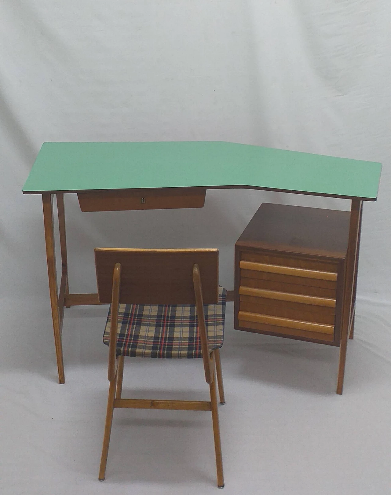 Three-drawer desk with green laminated top and original chair, 1950s 1