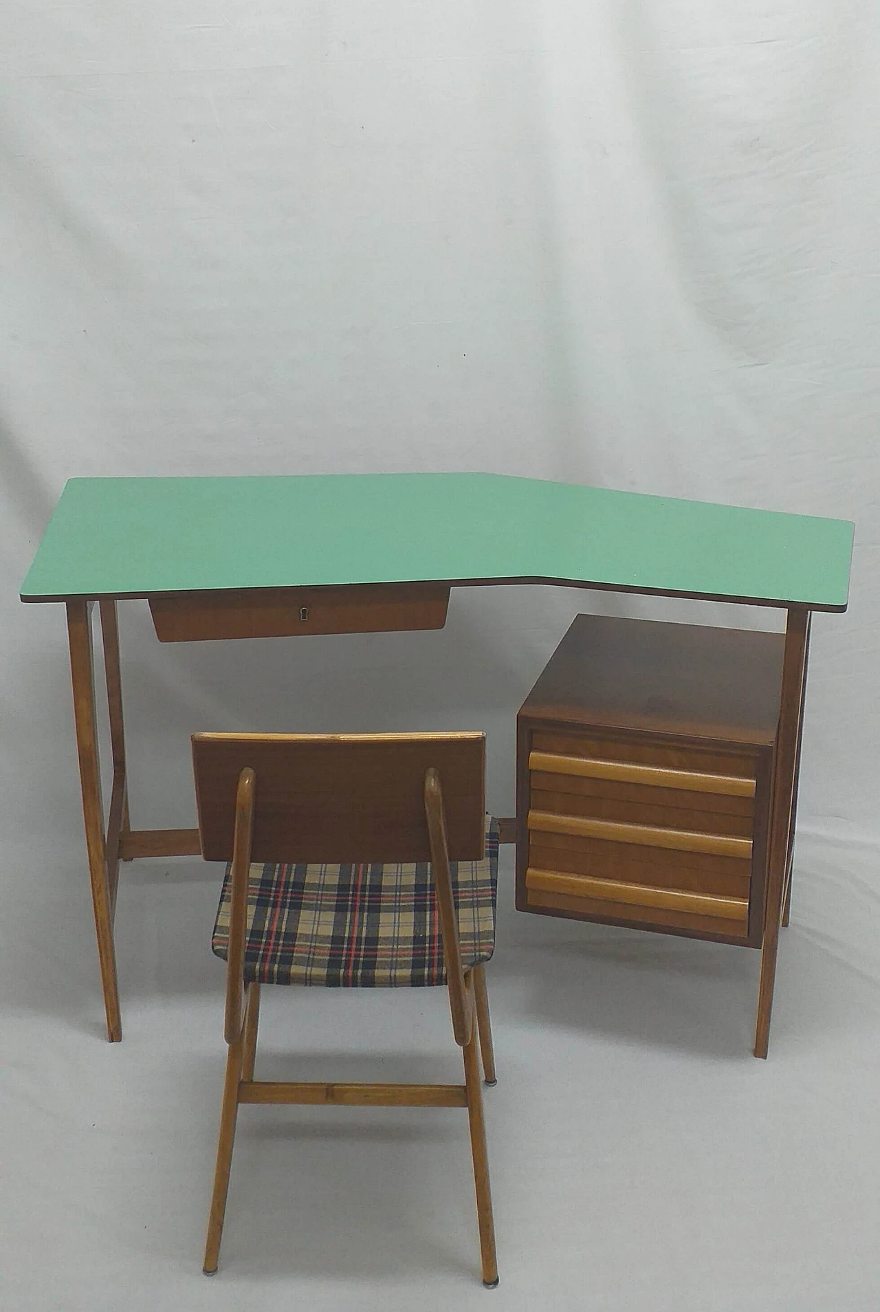 Three-drawer desk with green laminated top and original chair, 1950s 2