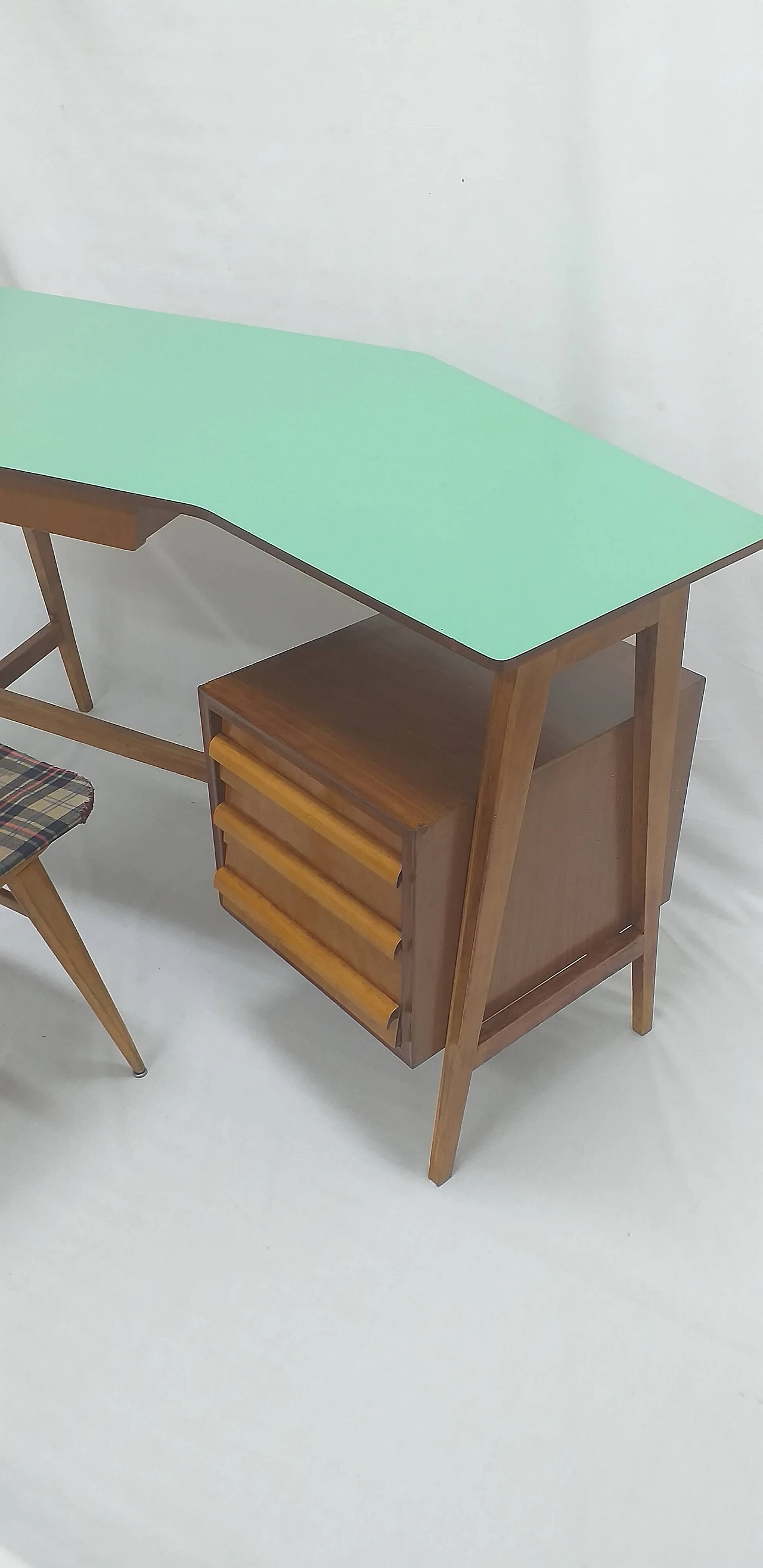 Three-drawer desk with green laminated top and original chair, 1950s 3