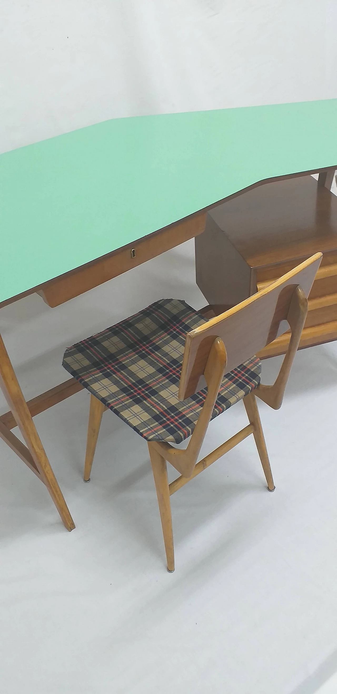 Three-drawer desk with green laminated top and original chair, 1950s 4