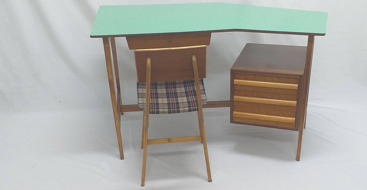 Three-drawer desk with green laminated top and original chair, 1950s 5