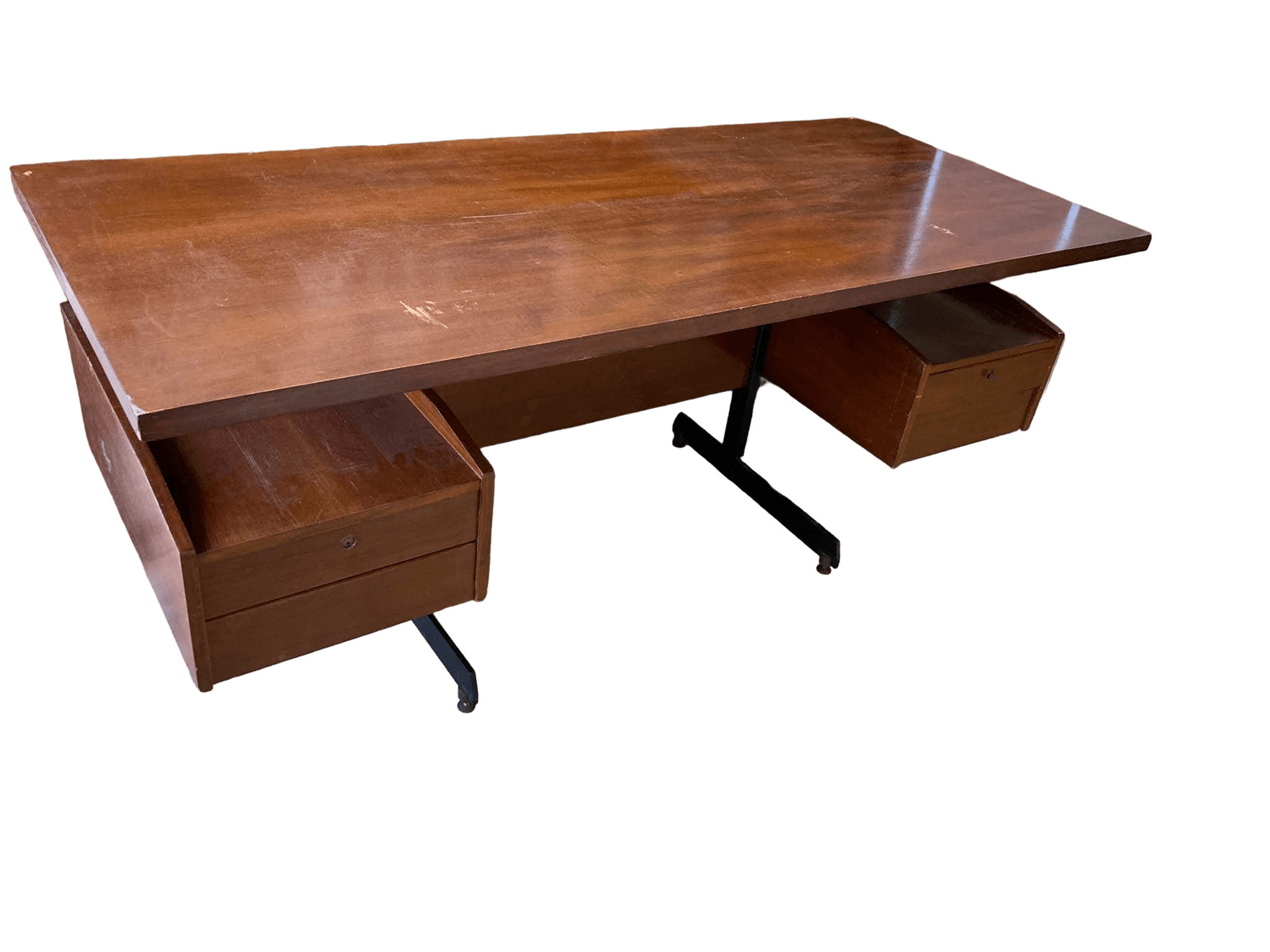 Scrivania vintage in teak e ottone con 3 cassetti (anni '70)