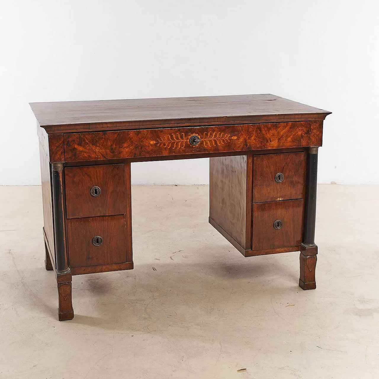 Empire-style panelled and inlaid wooden center desk, 19th century 2