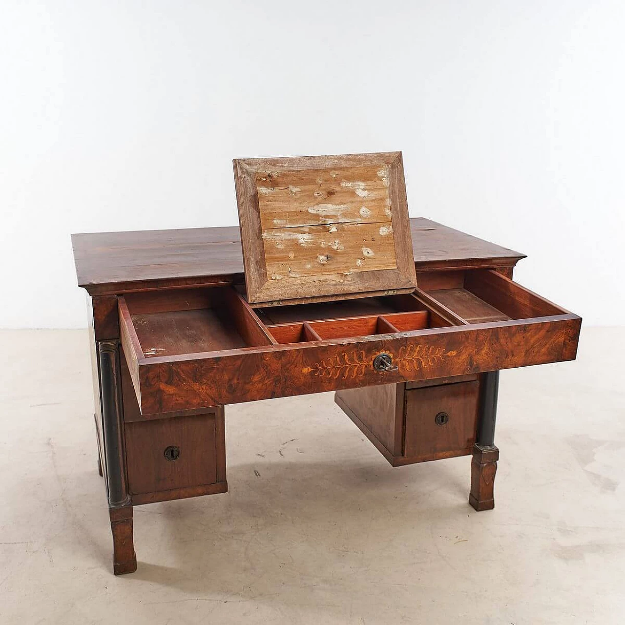 Empire-style panelled and inlaid wooden center desk, 19th century 5