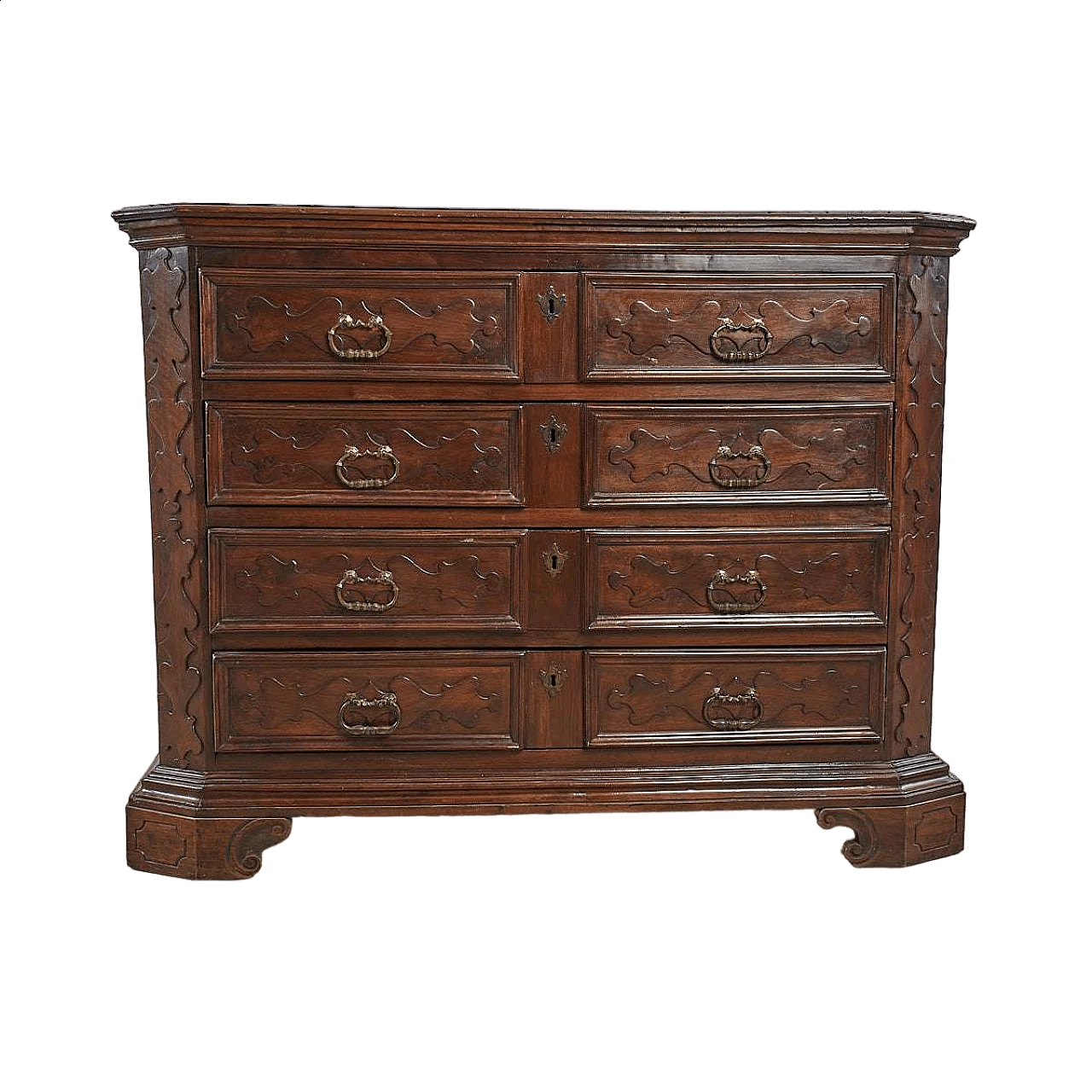 Four-drawer wooden chest of drawers with carved decorations in relief, 17th century 20