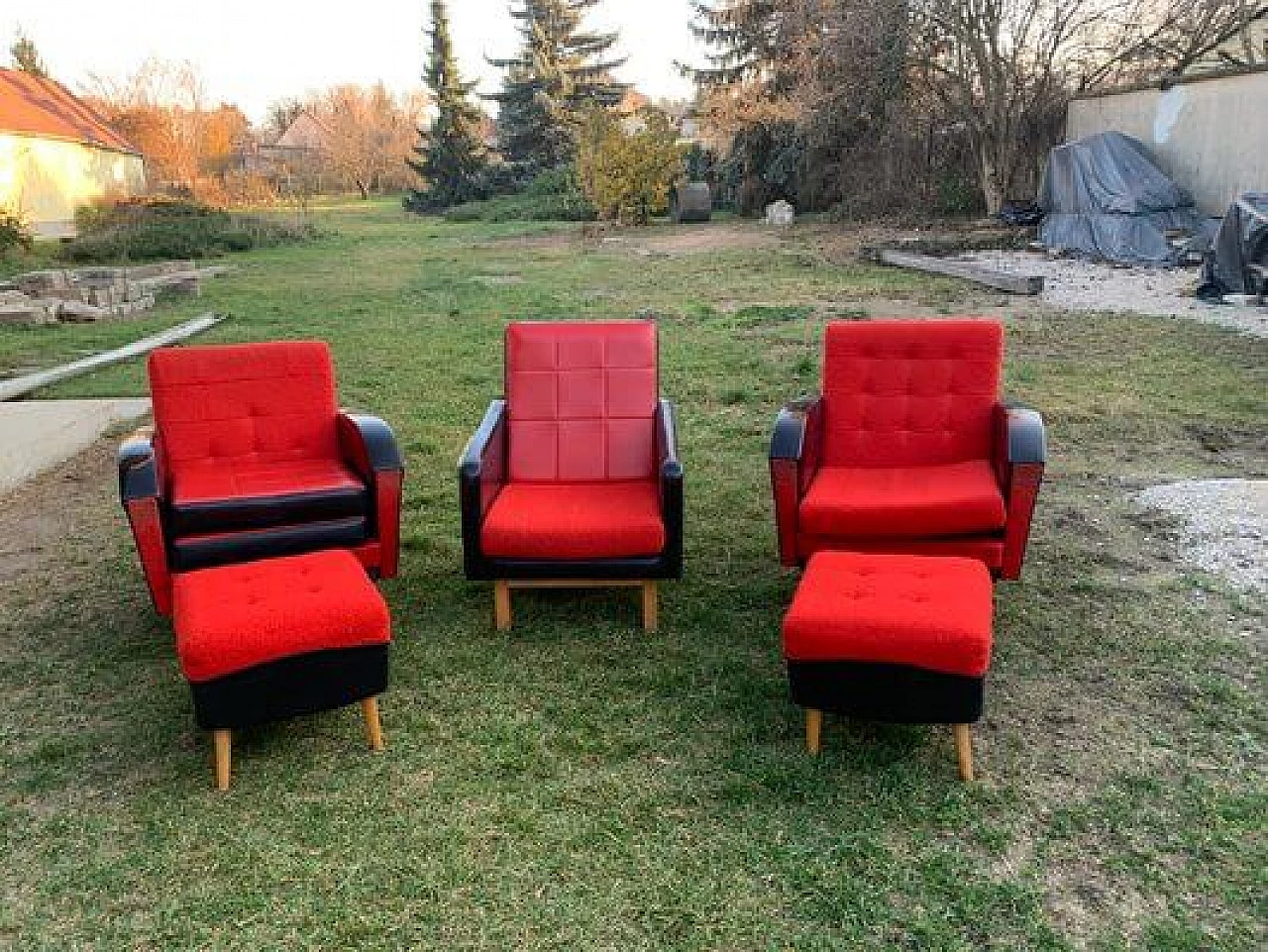 3 Armchairs and pair of footstools, 1960s 1