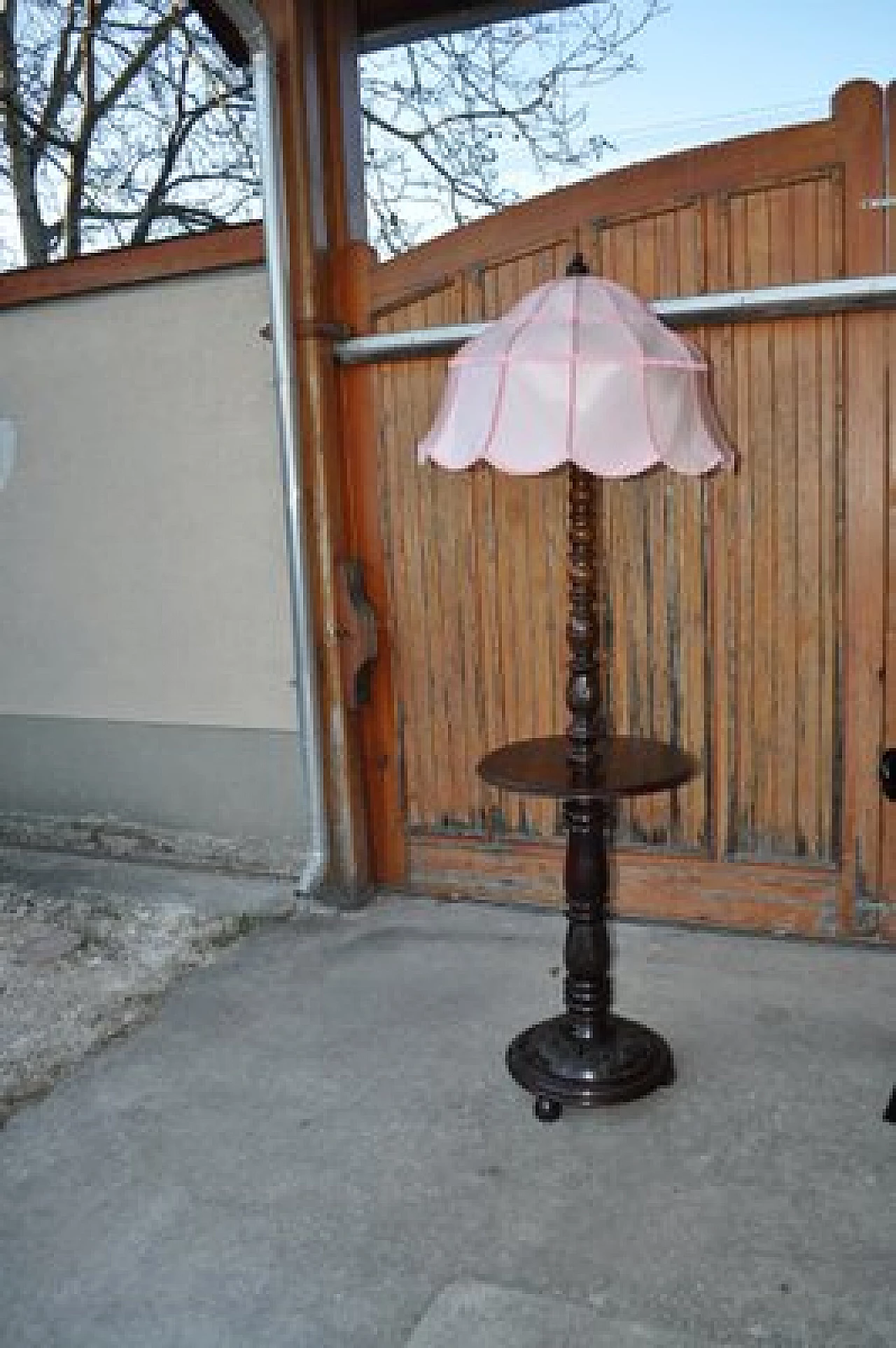 Wooden floor lamp with pink lampshade, early 20th century 1