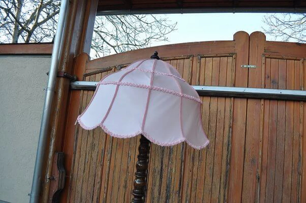 Wooden floor lamp with pink lampshade, early 20th century 2