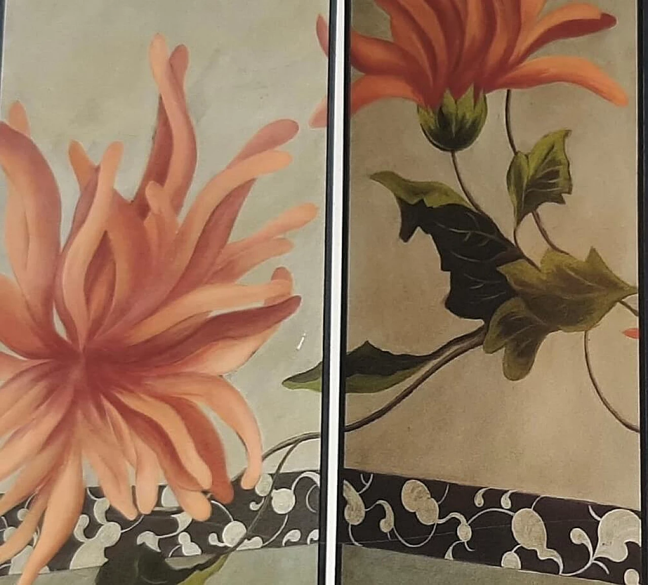 Three-panel screen with pink flowers 3