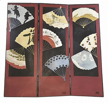 Three-panel screen with fans