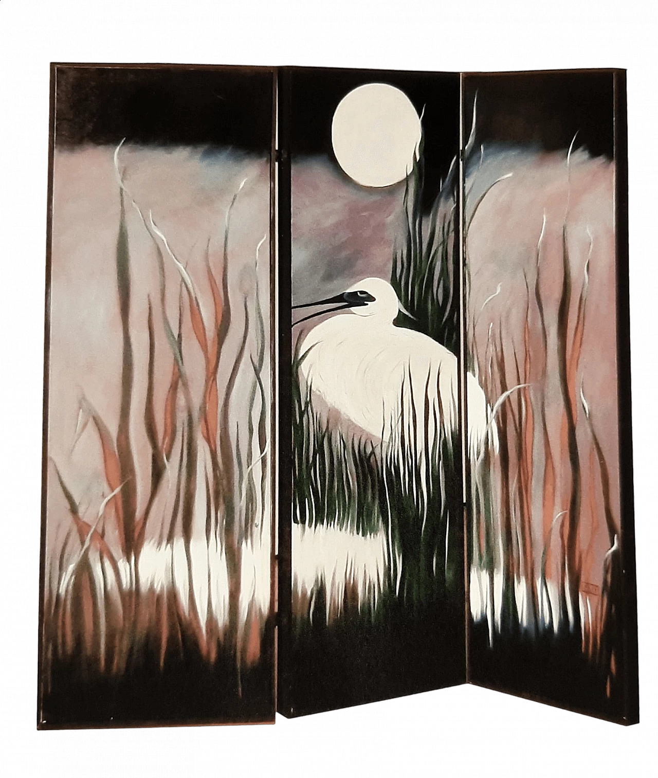 Three-panel screen with heron 4