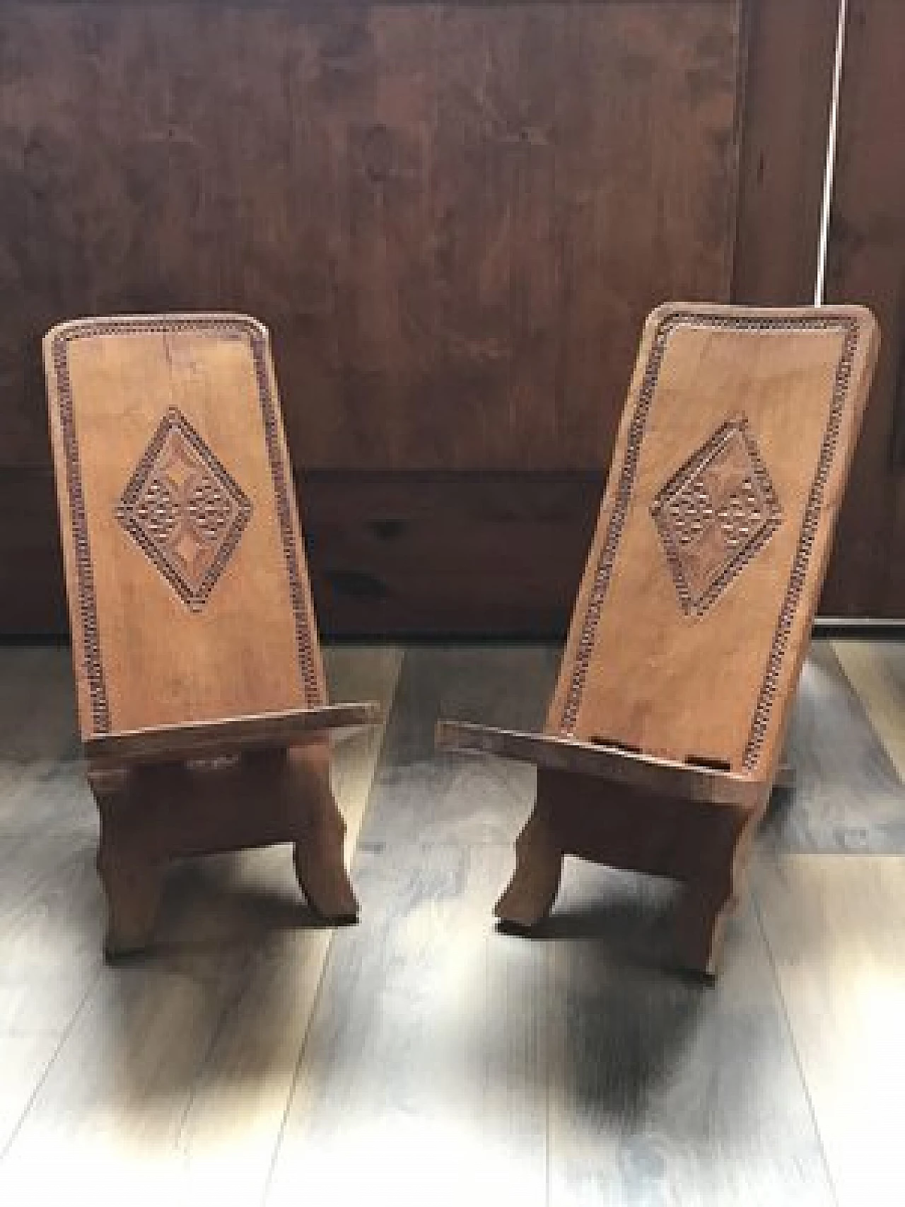 Pair of hand carved wooden chairs, 1960s 1