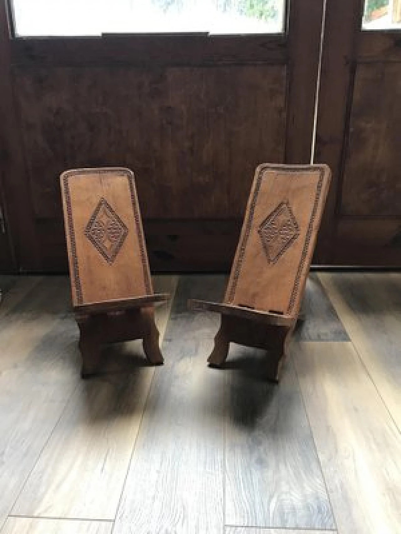 Pair of hand carved wooden chairs, 1960s 6