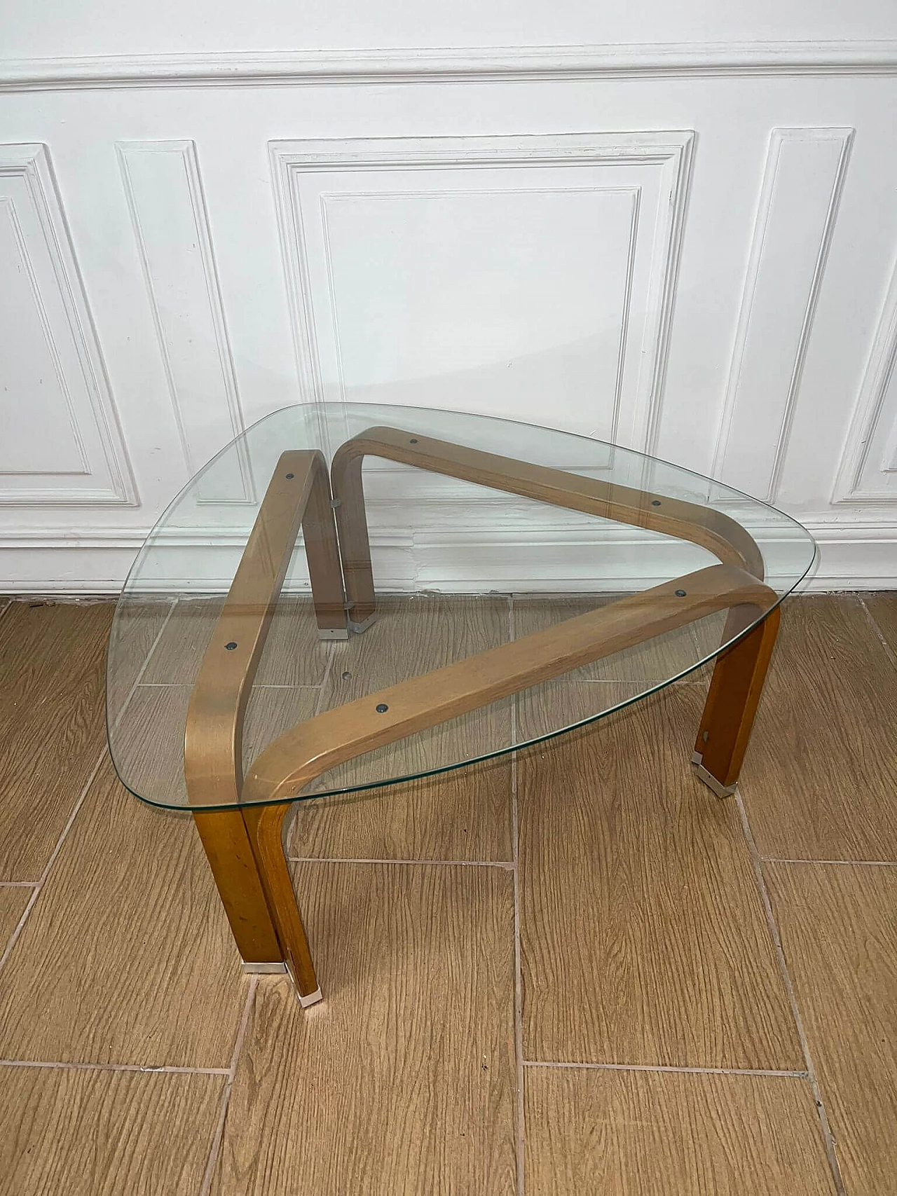 Sofa and pair of armchairs in leather and glass side table, 1960s 4