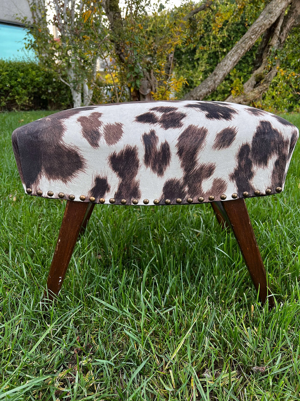 Wooden stool with padded cushion decorated with studs, 1990s 1