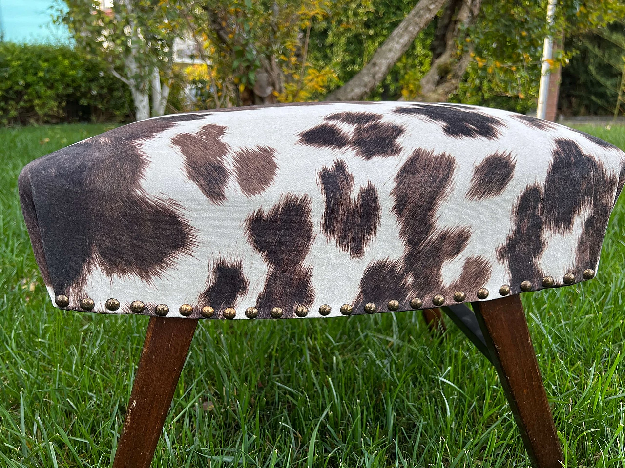 Wooden stool with padded cushion decorated with studs, 1990s 3