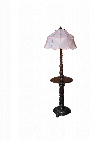 Wooden floor lamp with pink lampshade, early 20th century