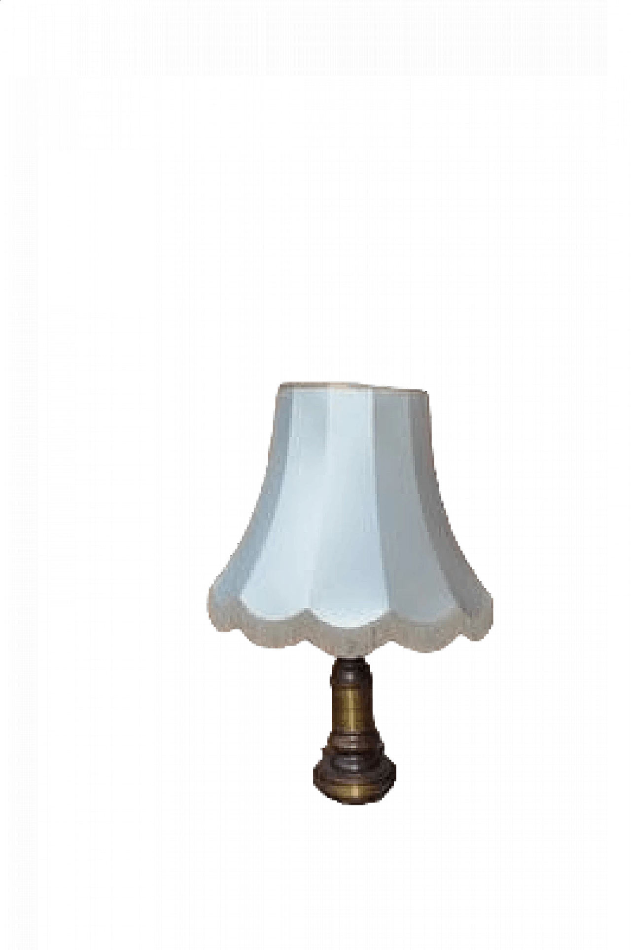 Brass and wood table lamp with fringed lampshade, 1950s 8