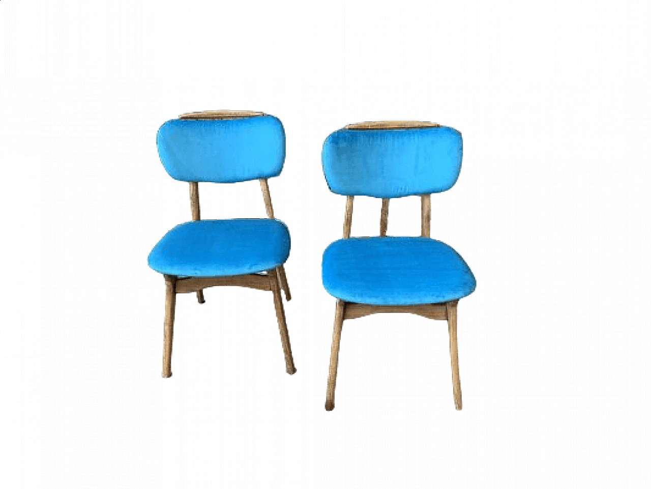 Pair of chairs in wood and light blue velvet, 1960s 6