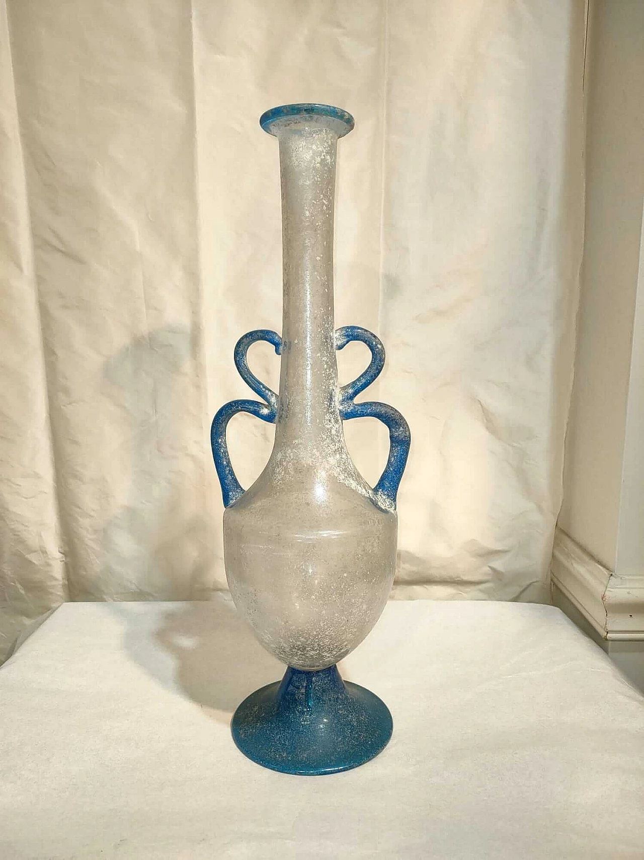 Scavo glass vase with blue double handle and base by Seguso, 1980s 1