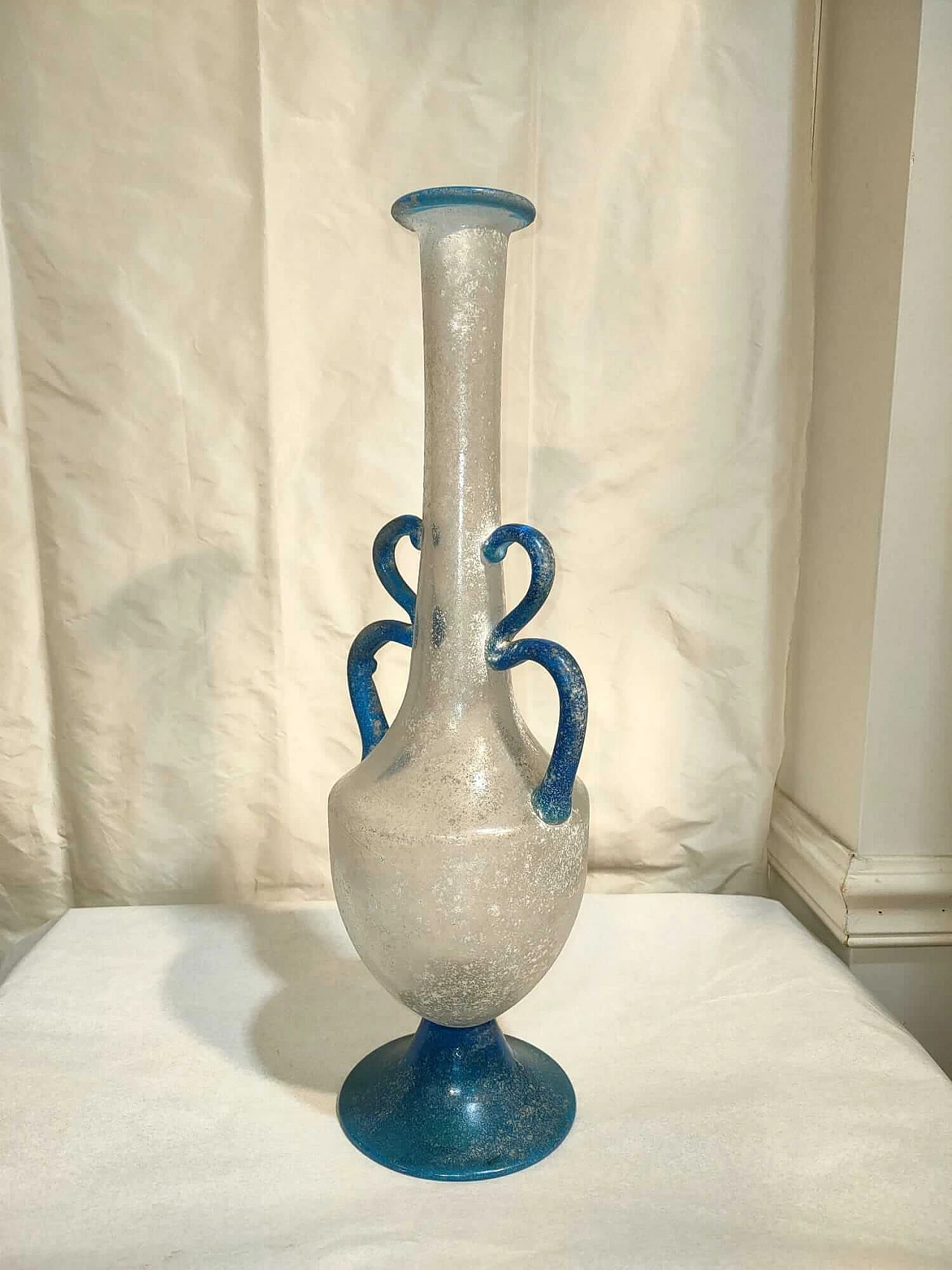 Scavo glass vase with blue double handle and base by Seguso, 1980s 3