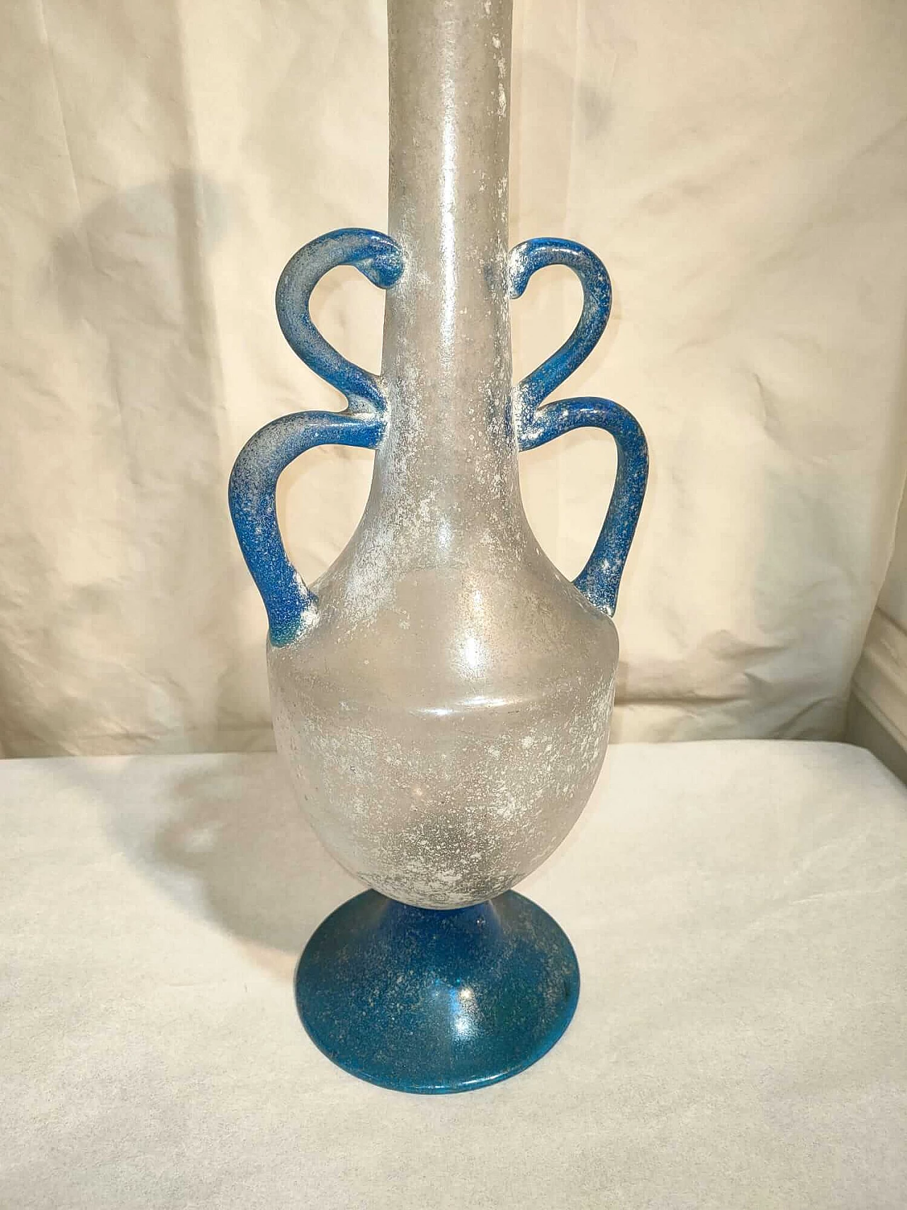 Scavo glass vase with blue double handle and base by Seguso, 1980s 4