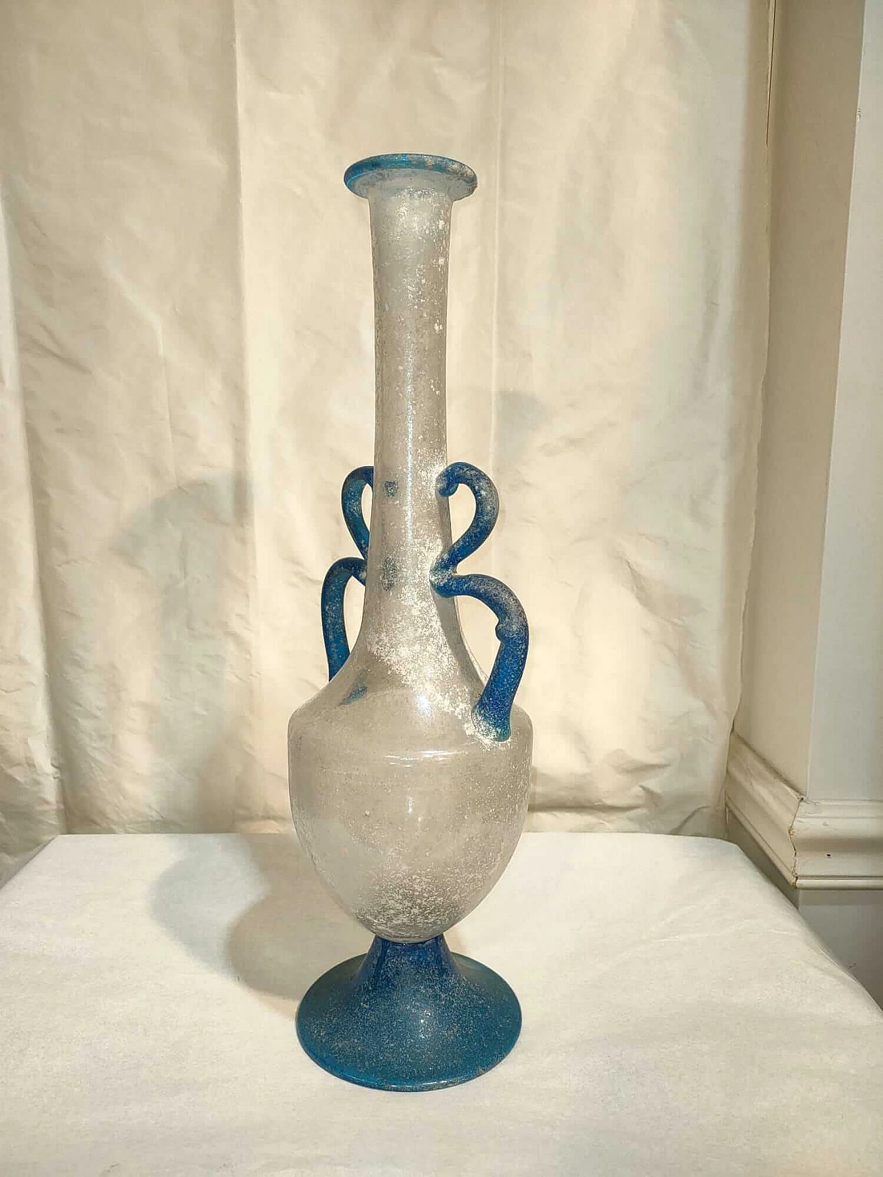 Scavo glass vase with blue double handle and base by Seguso, 1980s 5