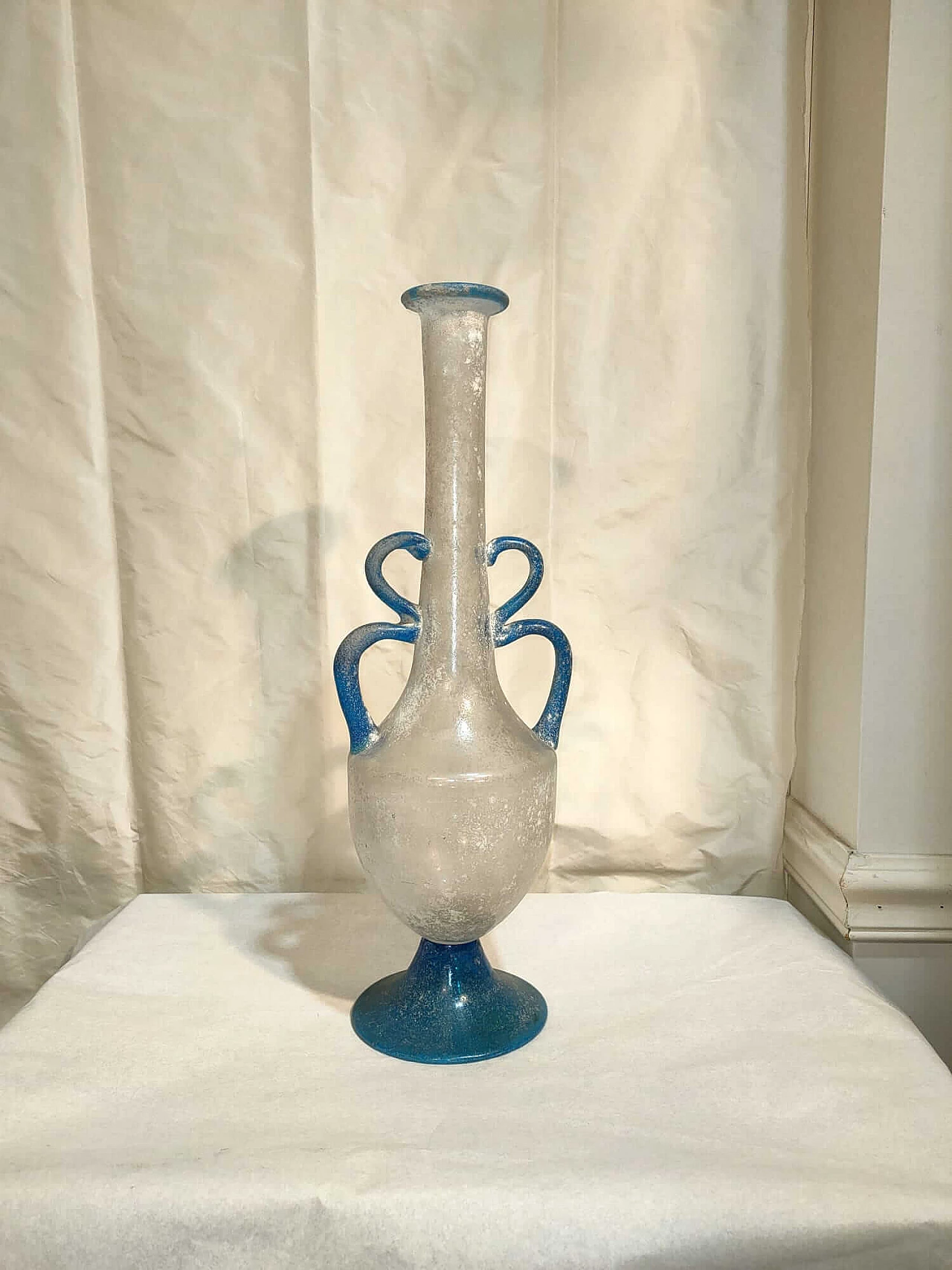 Scavo glass vase with blue double handle and base by Seguso, 1980s 6