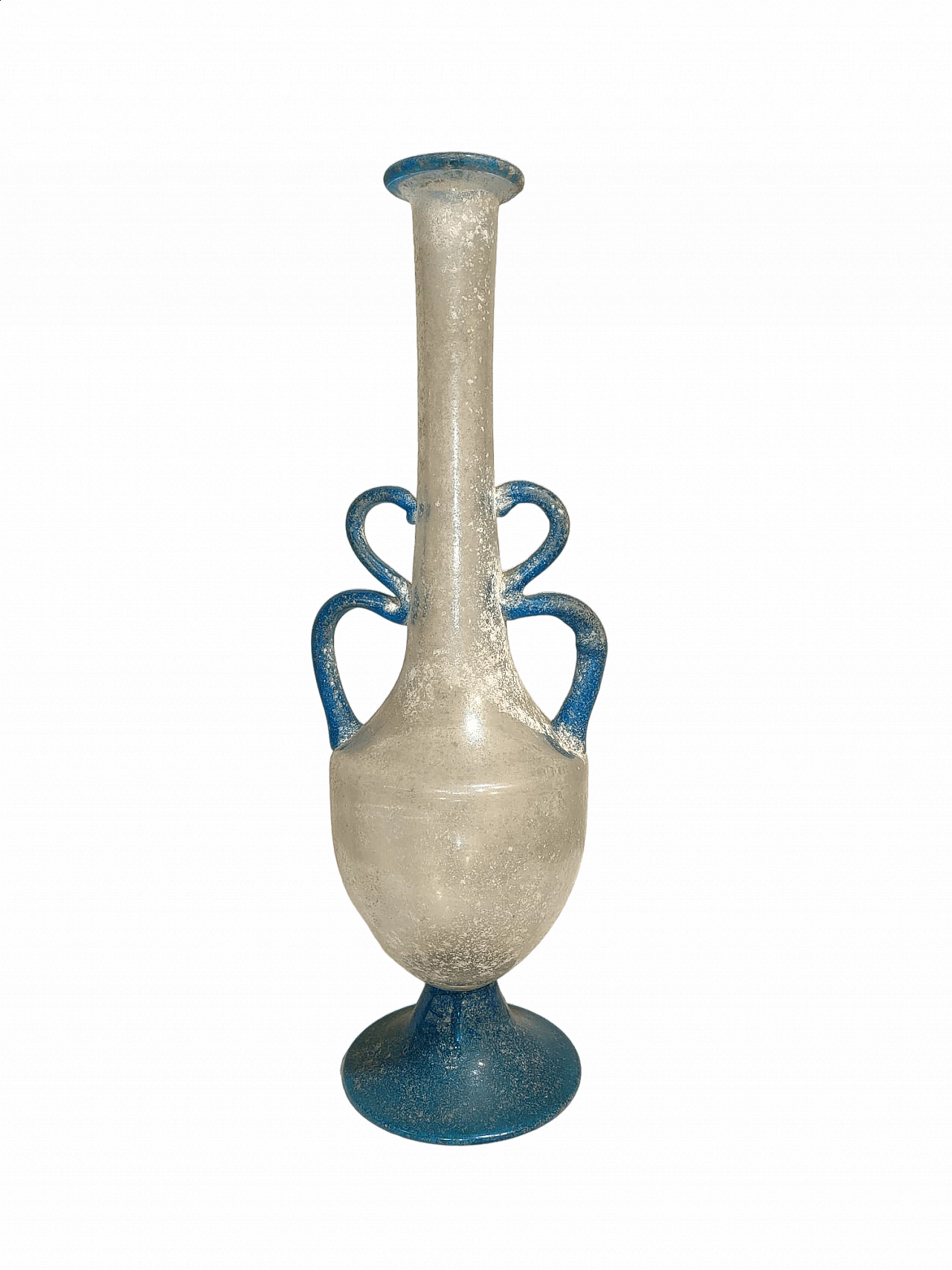 Scavo glass vase with blue double handle and base by Seguso, 1980s 7