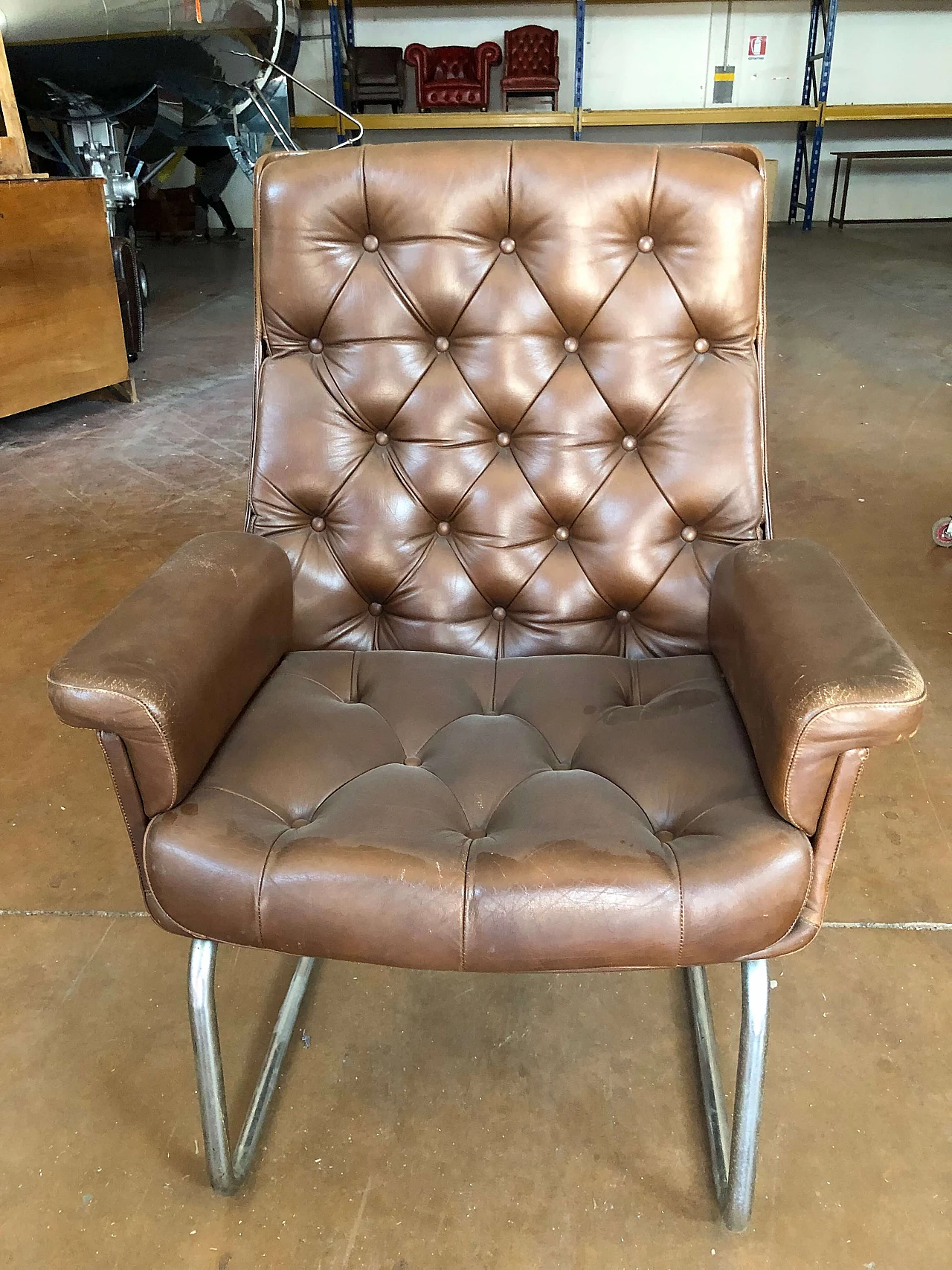 Brown leather office armchair with capitonné decoration, 1960s 4