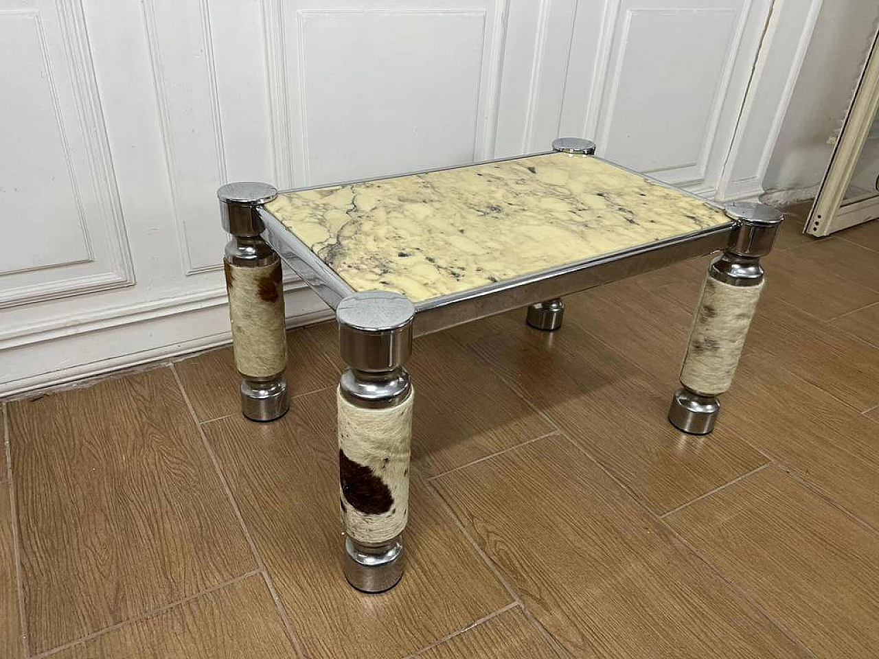 Metal side table with leather inserts and alabaster top, 1970s 2