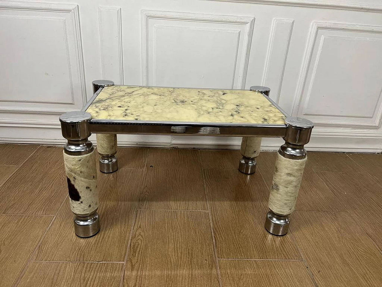 Metal side table with leather inserts and alabaster top, 1970s 3