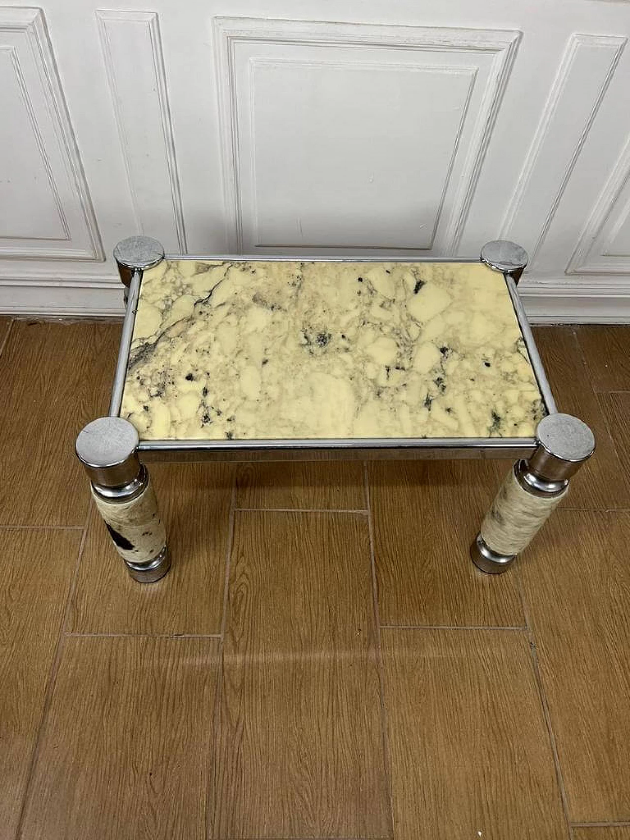 Metal side table with leather inserts and alabaster top, 1970s 5