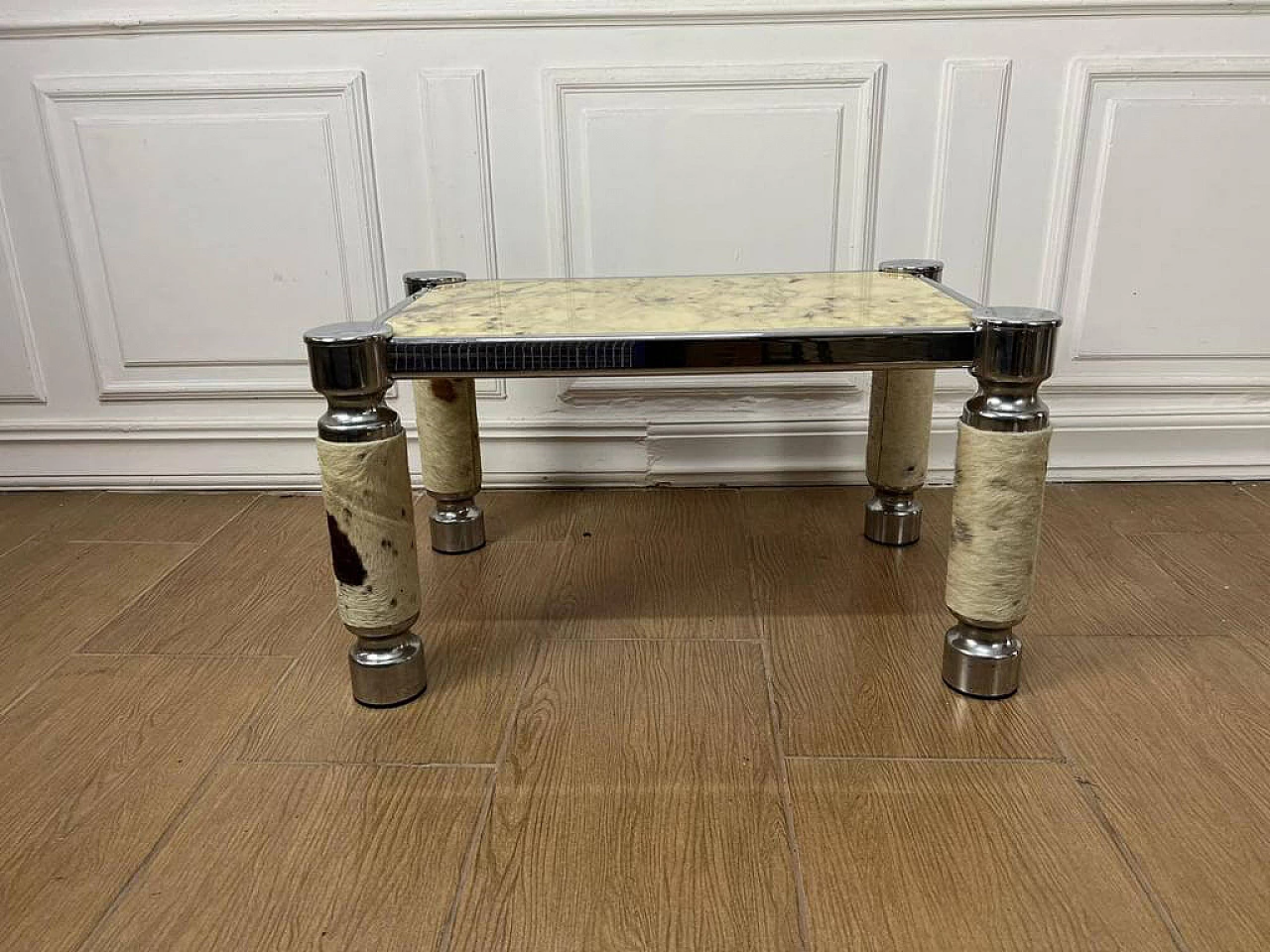 Metal side table with leather inserts and alabaster top, 1970s 7