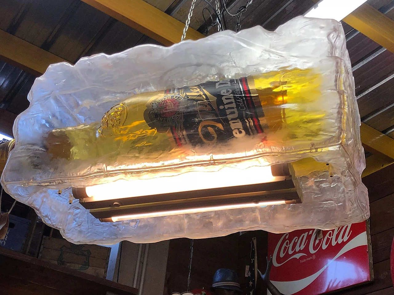 Chandelier in the shape of a beer bottle set in an ice cube, 1990s 2