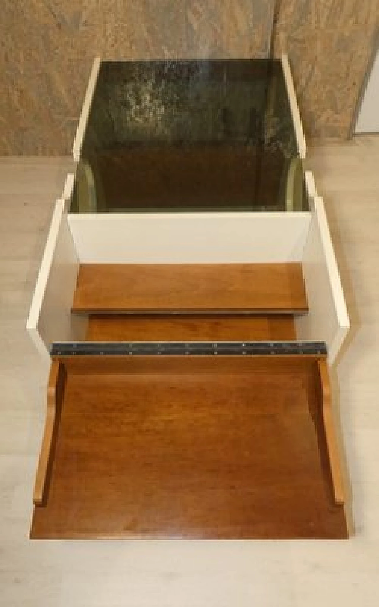 Cherry wood side table with bar compartment and smoked glass top, 1970s 5