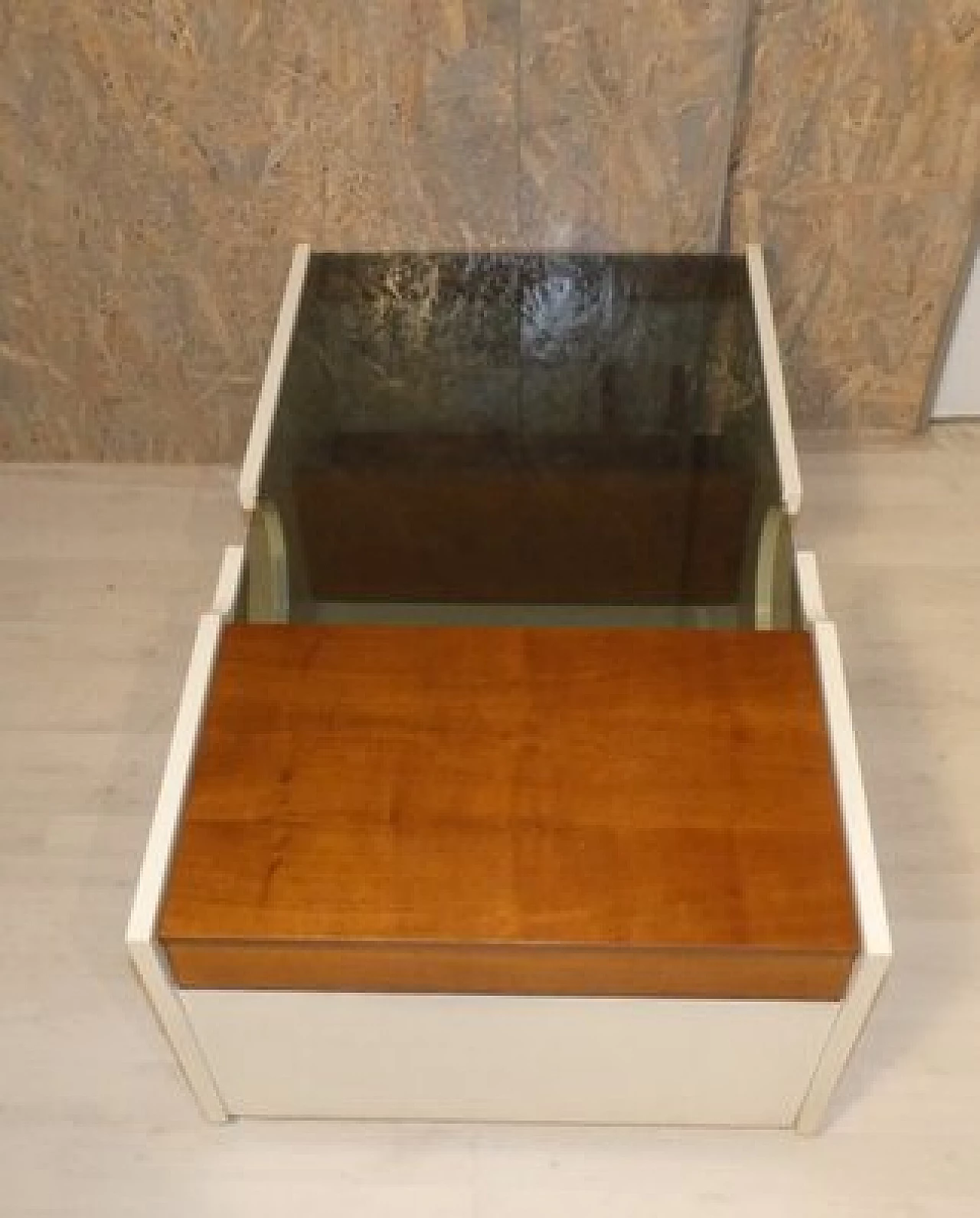 Cherry wood side table with bar compartment and smoked glass top, 1970s 8