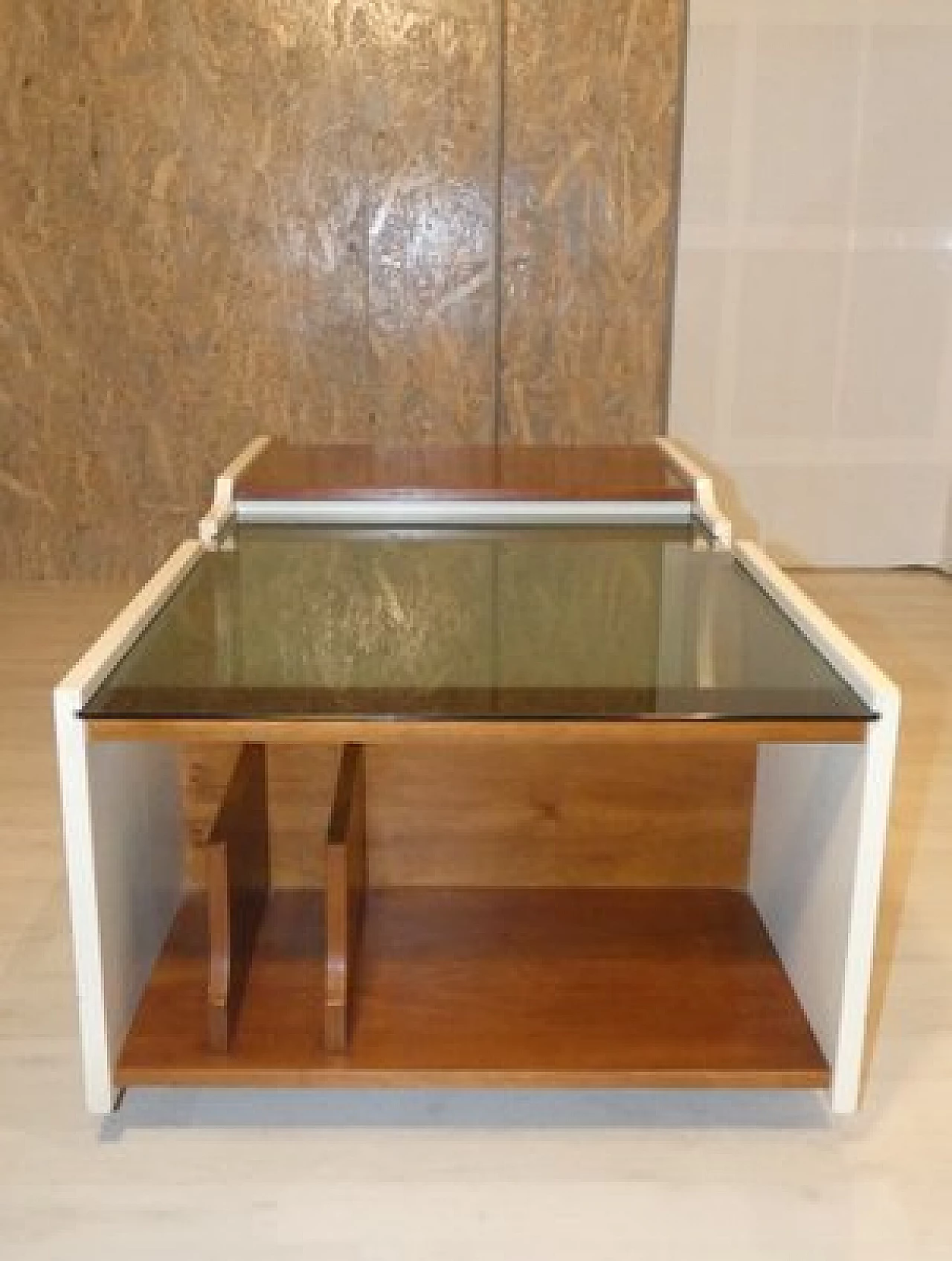 Cherry wood side table with bar compartment and smoked glass top, 1970s 10