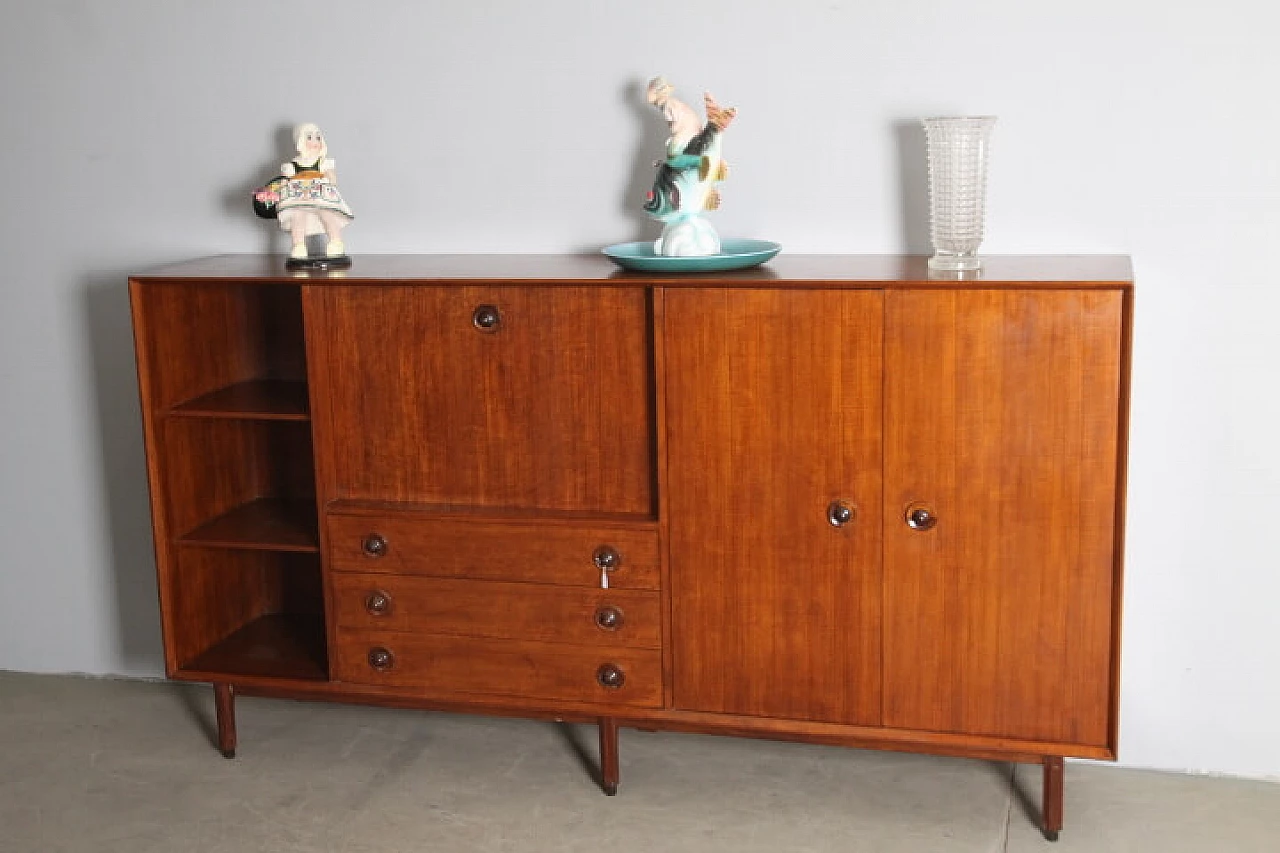 Credenza in teak con vano a giorno, ribalta, cassetti e ante, anni '60 1