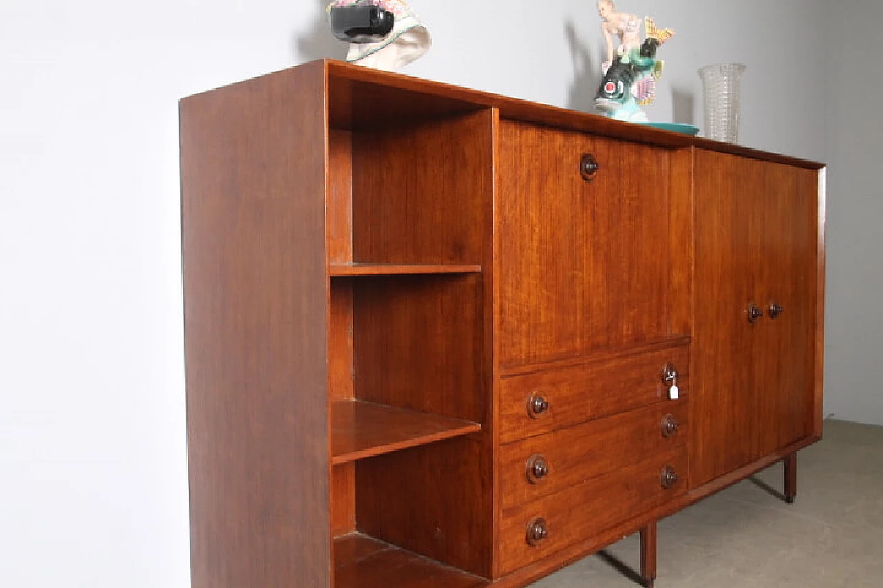 Credenza in teak con vano a giorno, ribalta, cassetti e ante, anni '60 3